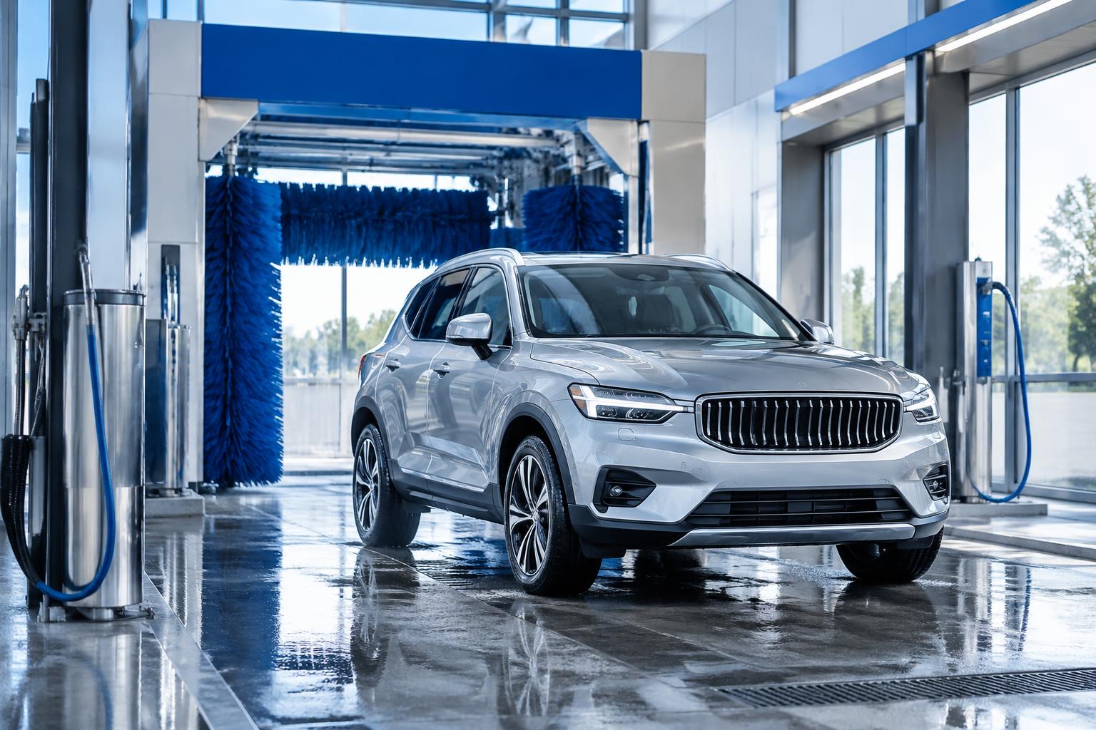 Silver car in a modern car wash bay